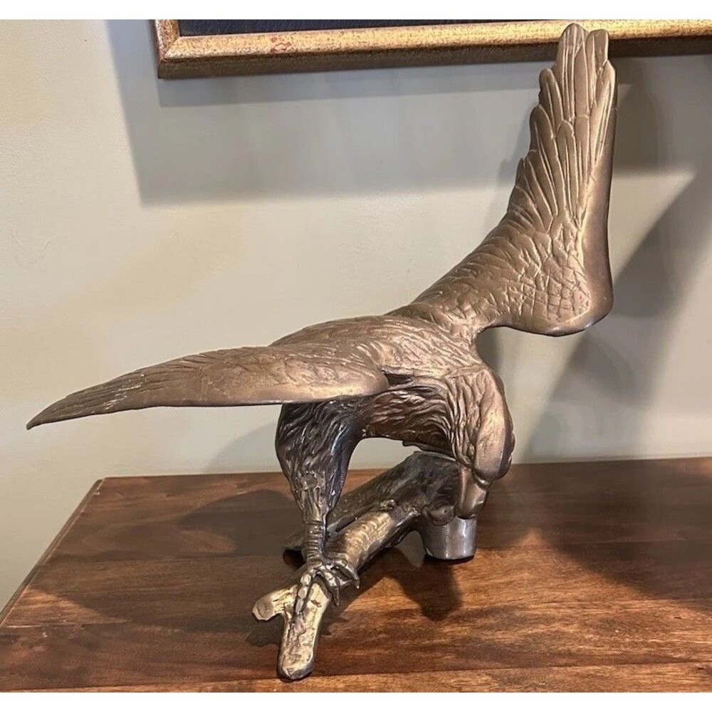 Vintage MCM Large Brass American Bald Eagle Perched on a Branch 14" Wingspan